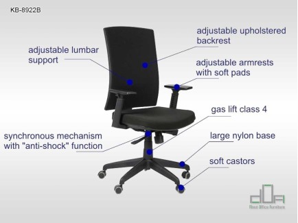 Scaun rotativ de birou, pivotant KB-8922B Negru indicații constructive #AboutOfficeFurniture